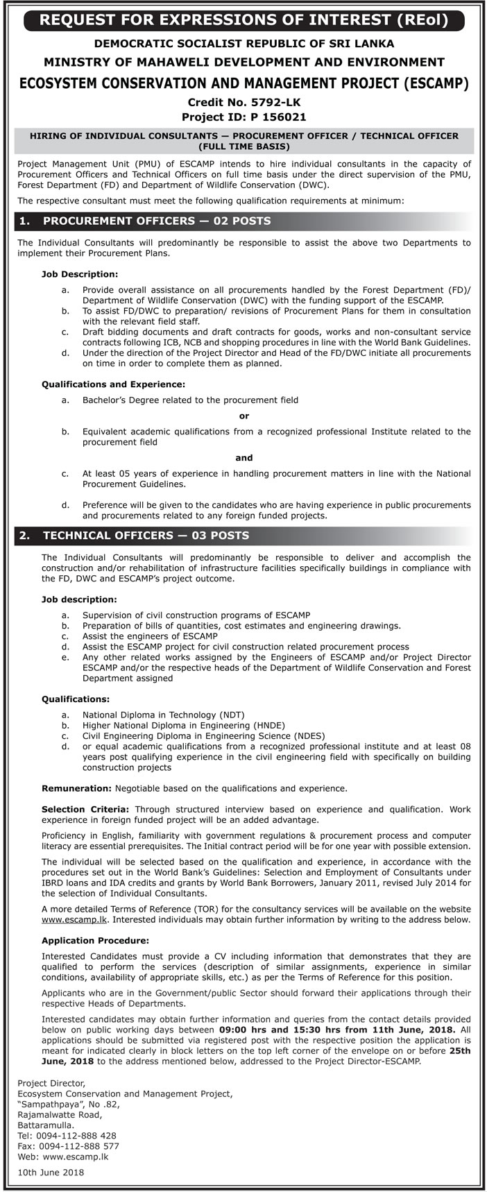 Procurement Officer, Technical Officer - Ministry of Mahaweli Development & Environment